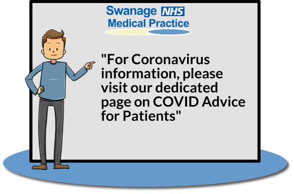 A cartoon man pointing at a board which reads for coronavirus information please visit our dedicated page on covid advice for patients 